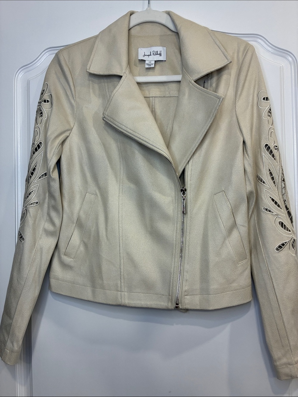 Joseph Ribkoff Cream Faux-Suede Jacket with Laser-Cut Sleeve Design